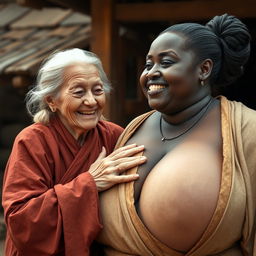 In a medieval village, an elderly short and undernourished blonde woman is joyfully dressed in a long, fully closed Buddhist robe, her medium blonde hair parted in the middle