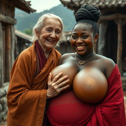 In a medieval village, an elderly short and undernourished blonde woman is joyfully dressed in a long, fully closed Buddhist robe, her medium blonde hair parted in the middle