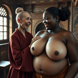 In a medieval room, a short, undernourished blonde woman with rotten teeth is dressed in a long, fully-closed Buddhist robe, her hair styled in a bun