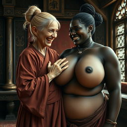 In a medieval room, a short, undernourished blonde woman with rotten teeth is dressed in a long, fully-closed Buddhist robe, her hair styled in a bun
