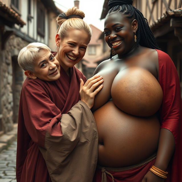 In a medieval village setting, a very short, undernourished blonde woman with rotten teeth is wearing a long, fully-closed Buddhist robe, her hair styled neatly in a bun