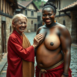 In a medieval village, a very short, undernourished blonde woman with rotten teeth is wearing a long, fully-closed Buddhist robe