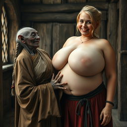 In a medieval room, an elderly black woman, notably short and emaciated with rotten teeth and pointed ears, is dressed in a long, fully closed Buddhist cloak