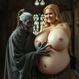 In a medieval room, an elderly black woman, notably short and emaciated with rotten teeth and pointed ears, is dressed in a long, fully closed Buddhist cloak