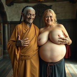 In a medieval room, an elderly black woman, notably short and emaciated with rotten teeth and pointed ears, is dressed in a long, fully closed Buddhist cloak