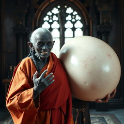 In a medieval room, an elderly black woman, notably short and emaciated with rotten teeth and pointed ears, is dressed in a long, fully closed Buddhist cloak