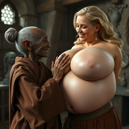 In a medieval room, there is a short, elderly African woman, malnourished, with crooked teeth and pointed ears, dressed in a long, fully closed Buddhist robe