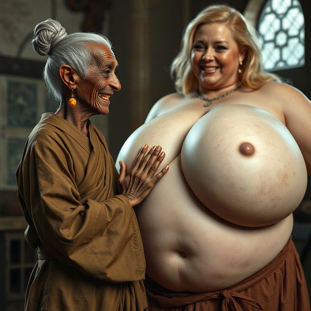 In a medieval room, there is a short, elderly African woman, malnourished with crooked teeth and pointed ears, dressed in a long, fully closed Buddhist robe