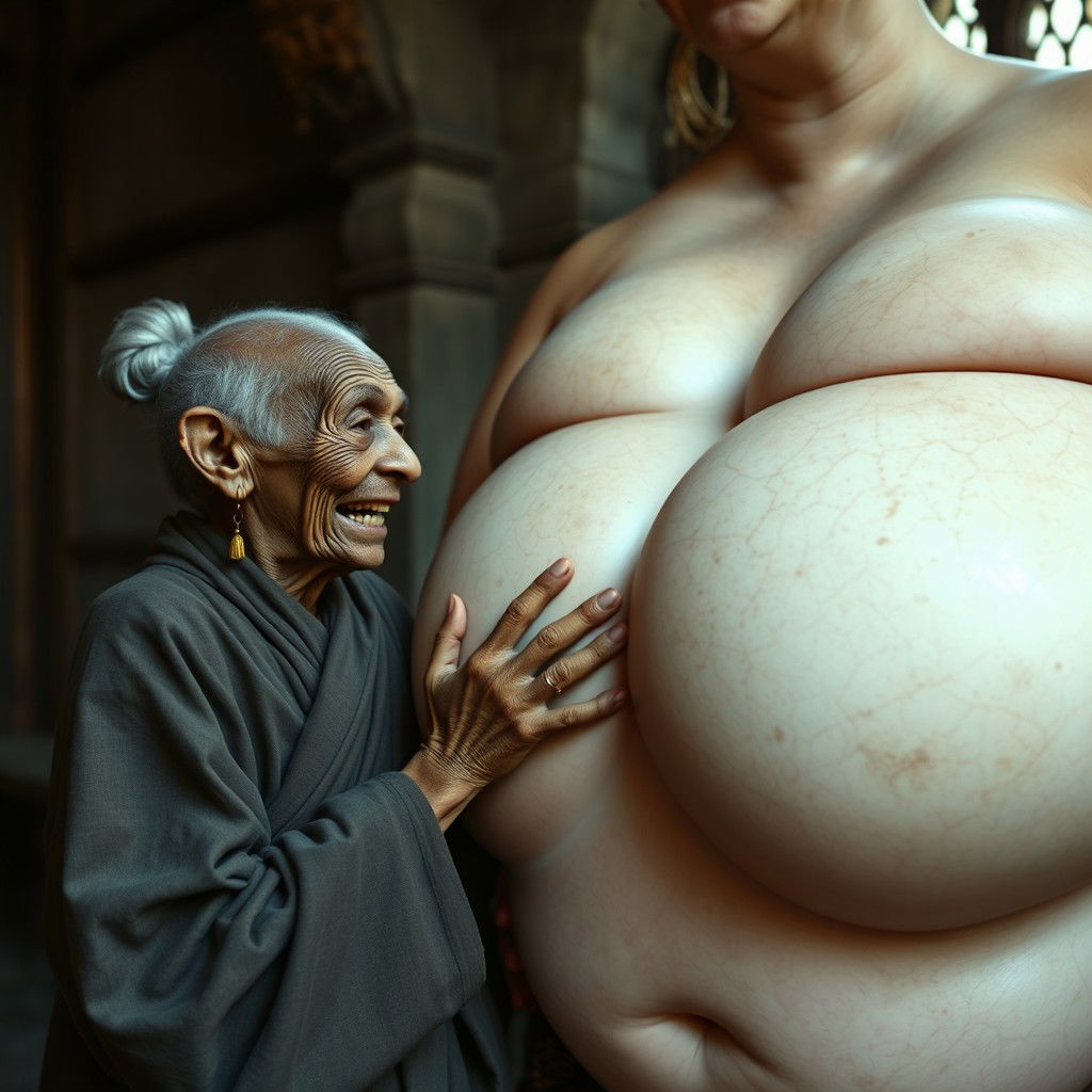 In a medieval room, there is a short, elderly African woman, malnourished with crooked teeth and pointed ears, dressed in a long, fully closed Buddhist robe