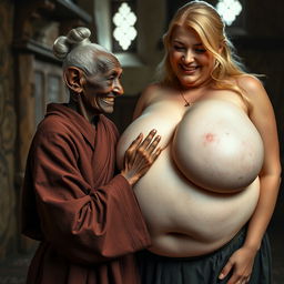 In a medieval room, there is a short, elderly African woman, malnourished with crooked teeth and pointed ears, dressed in a long, fully closed Buddhist robe