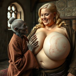 In a medieval room, there is a short, elderly African woman, malnourished with crooked teeth and pointed ears, dressed in a long, fully closed Buddhist robe