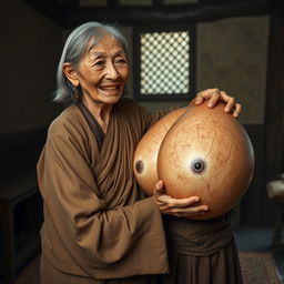 In a medieval room, an elderly Indonesian woman, notably short and emaciated with rotten teeth, is dressed in a long, fully closed Buddhist robe