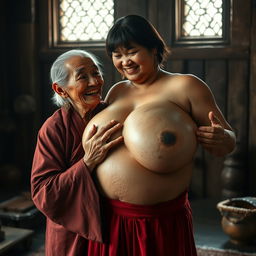 In a medieval room, an elderly Indonesian woman, notably short and emaciated with rotten teeth, is dressed in a long, fully closed Buddhist robe
