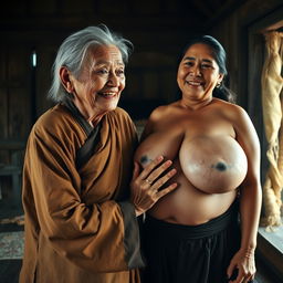 In a medieval room, an elderly Indonesian woman, notably short and emaciated with rotten teeth, is dressed in a long, fully closed Buddhist robe