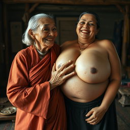 In a medieval room, an elderly Indonesian woman, notably short and emaciated with rotten teeth, is dressed in a long, fully closed Buddhist robe