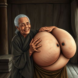 In a medieval room, an elderly Indonesian woman, noticeably short and emaciated with rotten teeth, is dressed in a long, fully closed Buddhist robe