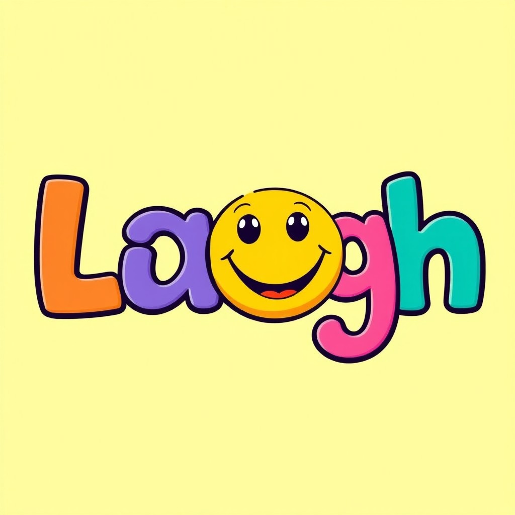 The word 'laugh' depicted in colorful, playful letters, with a happy smiley face integrated into the design, exuding joy and positivity