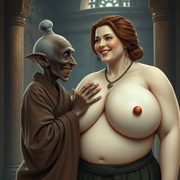 In a medieval castle, an elderly black woman who is very short and malnourished has rotten teeth and elf-like ears