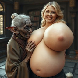 In a medieval room, an elderly Black woman, short and emaciated with rotten teeth and elf-like ears, is dressed in a long, closed Buddhist robe with her graying hair styled in a bun and accented with medieval earrings