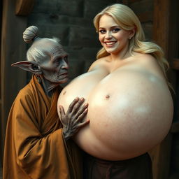 In a medieval room, an elderly Black woman, short and emaciated with rotten teeth and elf-like ears, is dressed in a long, closed Buddhist robe with her graying hair styled in a bun and accented with medieval earrings