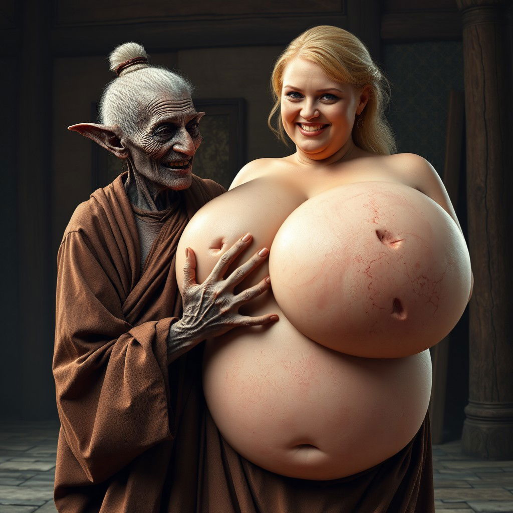 In a medieval room, an elderly Black woman, short and emaciated with rotten teeth and elf-like ears, is dressed in a long, closed Buddhist robe with her graying hair styled in a bun and accessorized with medieval earrings