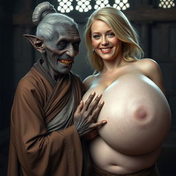 In a medieval room, an elderly Black woman, short and emaciated with rotten teeth and elf-like ears, is dressed in a long, closed Buddhist robe with her graying hair styled in a bun and accessorized with medieval earrings