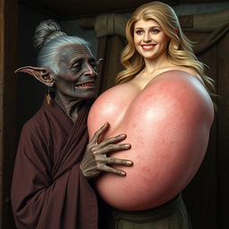 In a medieval chamber, an elderly Black woman, short and emaciated with rotten teeth and elf-like ears, is dressed in a long, fully-closed Buddhist robe with graying hair styled in a bun and wearing medieval earrings