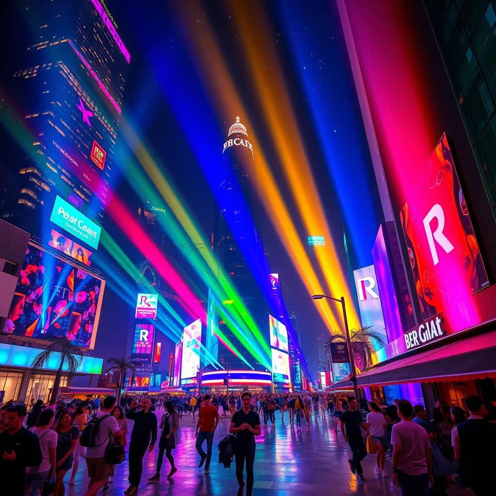 A dazzling display of colorful R-lights illuminating a cityscape at night, with vibrant hues of red, blue, green, and yellow swirling together, casting reflections on shiny surfaces
