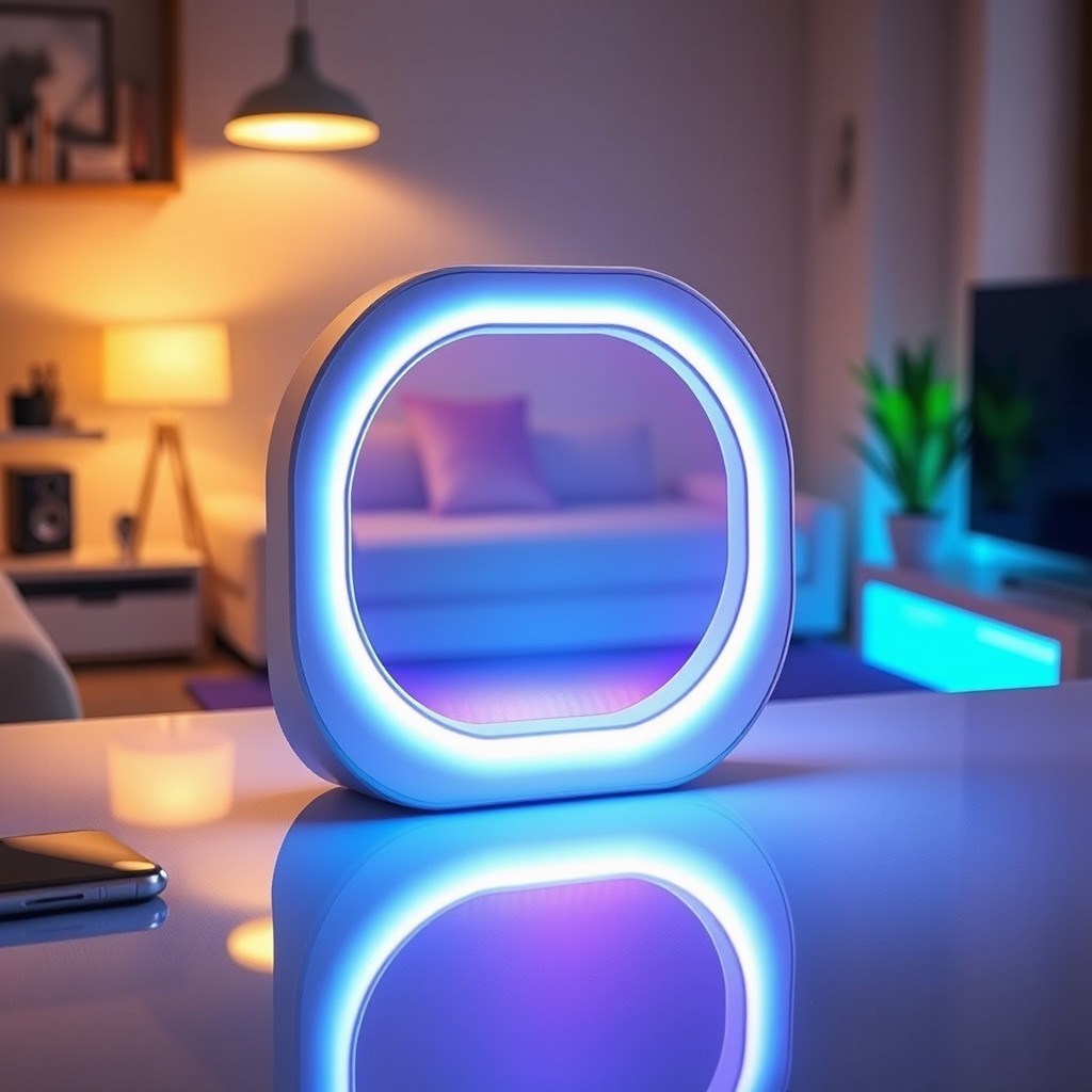 A sleek and futuristic R-LIGHT device glowing with bright LED colors, featuring a stylish, ergonomic design that showcases the latest technology