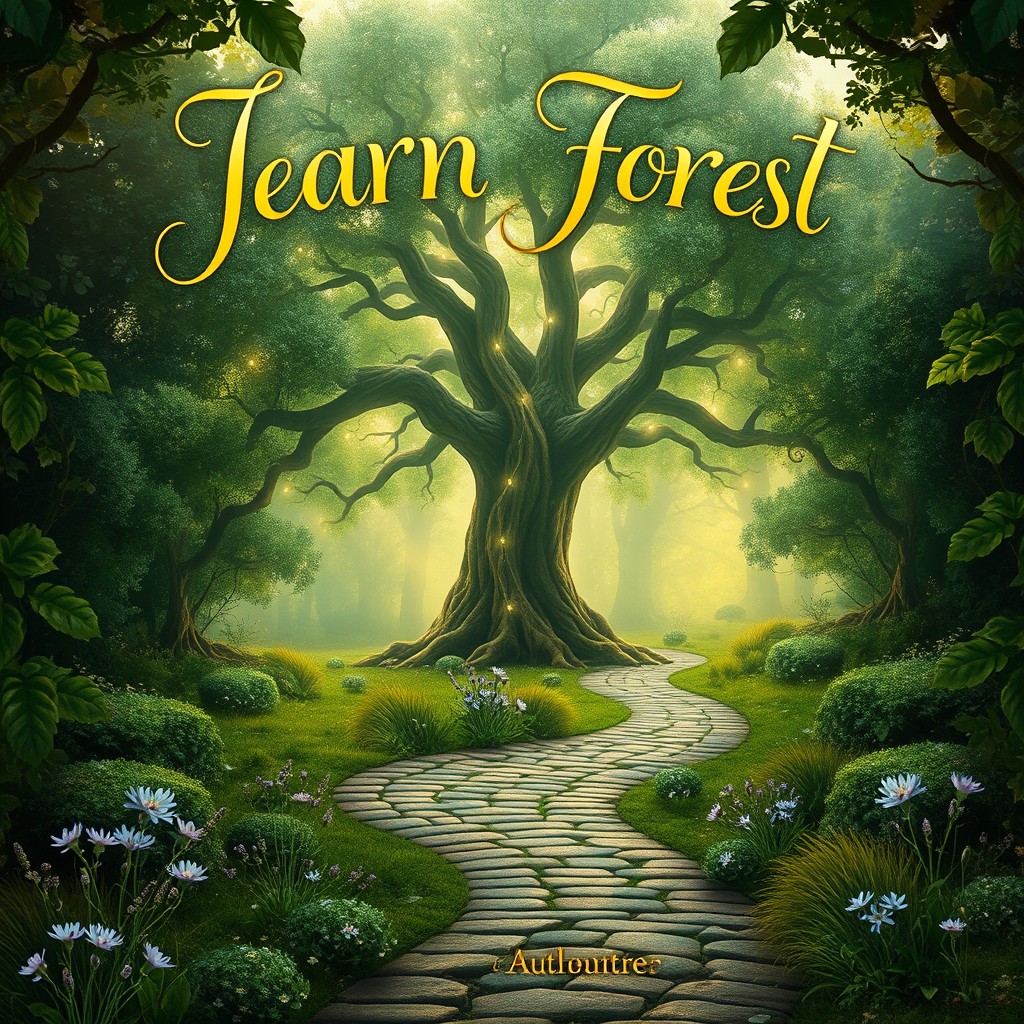 An enchanting and mystical book cover featuring a sprawling ancient forest, illuminated by soft golden sunlight filtering through the leaves