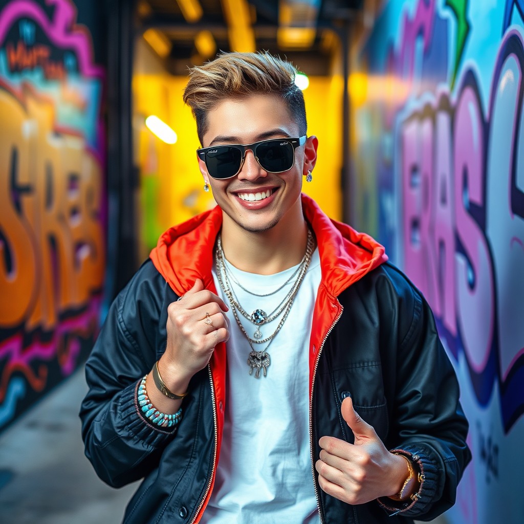 A stylish young man dressed in trendy streetwear, confidently posing in an urban environment with vibrant graffiti art on the walls