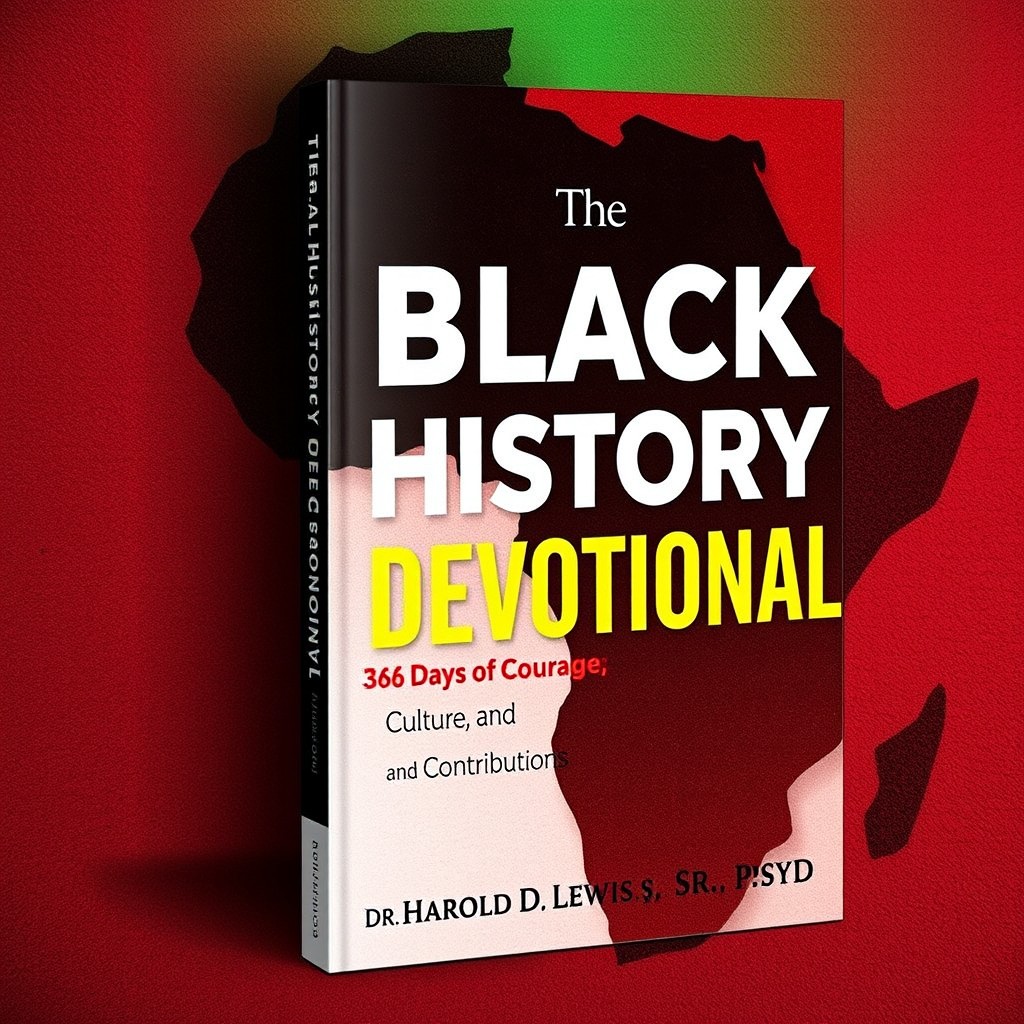 A vibrant book cover design for 'The Black History Devotional: 366 Days of Courage, Culture, and Contributions' by Dr