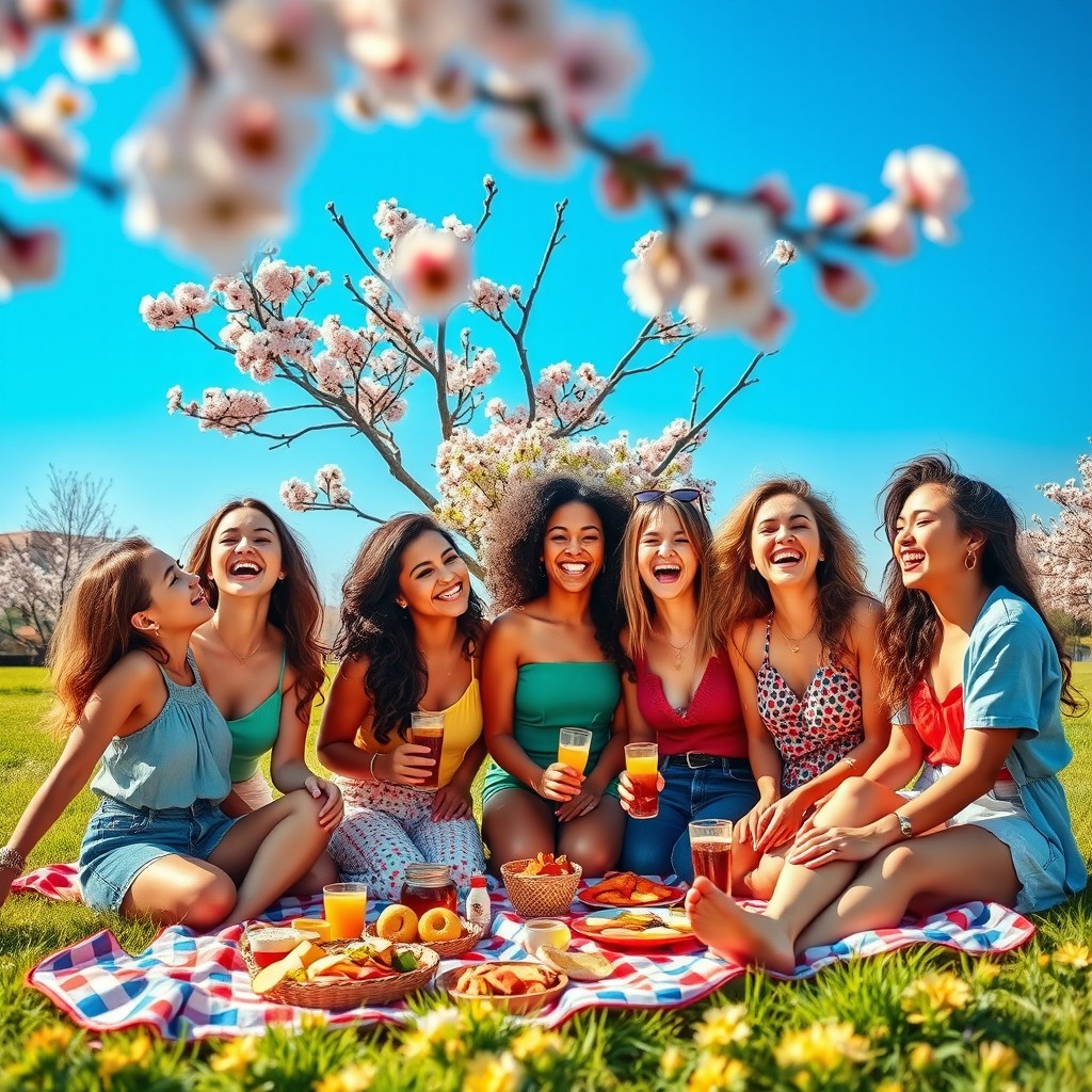 A vibrant and lively scene featuring a group of diverse young women in a sunny outdoor setting, enjoying a picnic on a grassy field