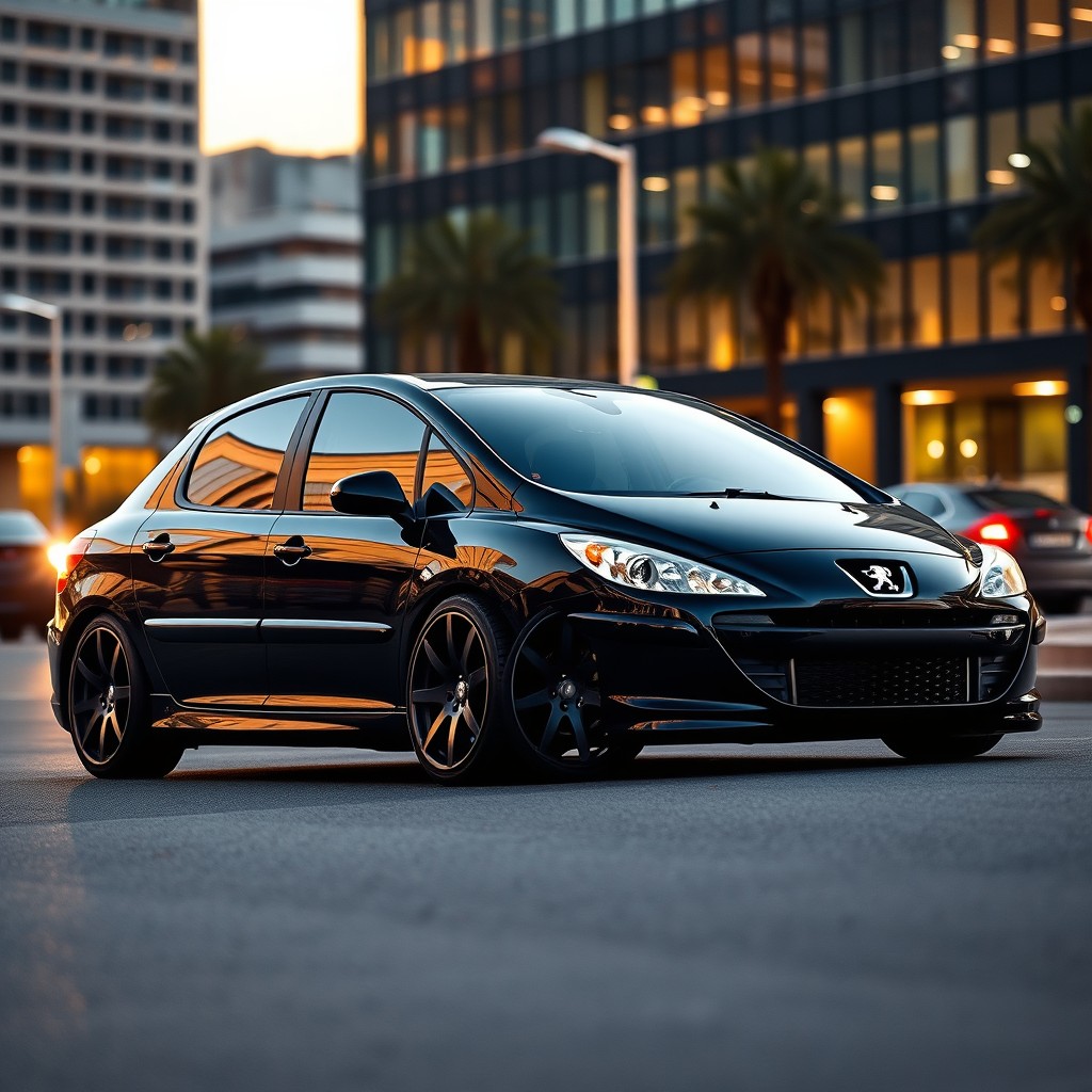 A sleek and stylish black Peugeot 307, lowered and fitted with eye-catching 17-inch alloy wheels