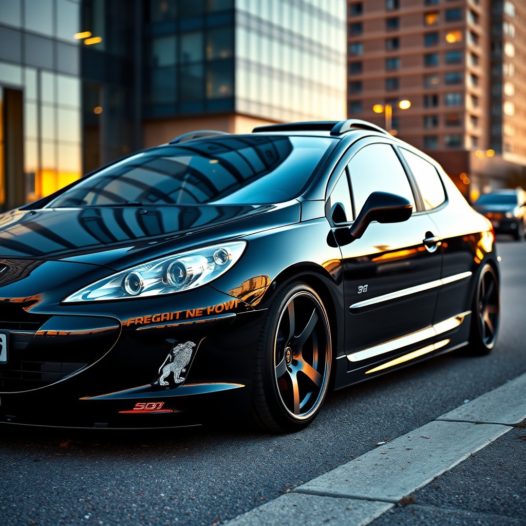 A sleek and stylish black Peugeot 307, lowered and fitted with eye-catching 17-inch alloy wheels, featuring a distinctive 'Dark Lion' sticker on its side