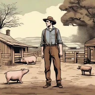 The protagonist escapes from his troubled past by finding solace in the simplicity of life on a farm, tending to the pigpen.