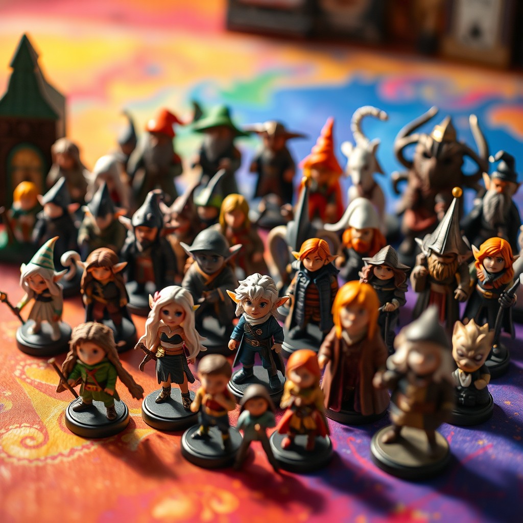 A stylish assortment of miniature figurines displayed on a vibrant, colorful background, showcasing an array of characters from fantasy worlds, including elves, wizards, and mythical creatures