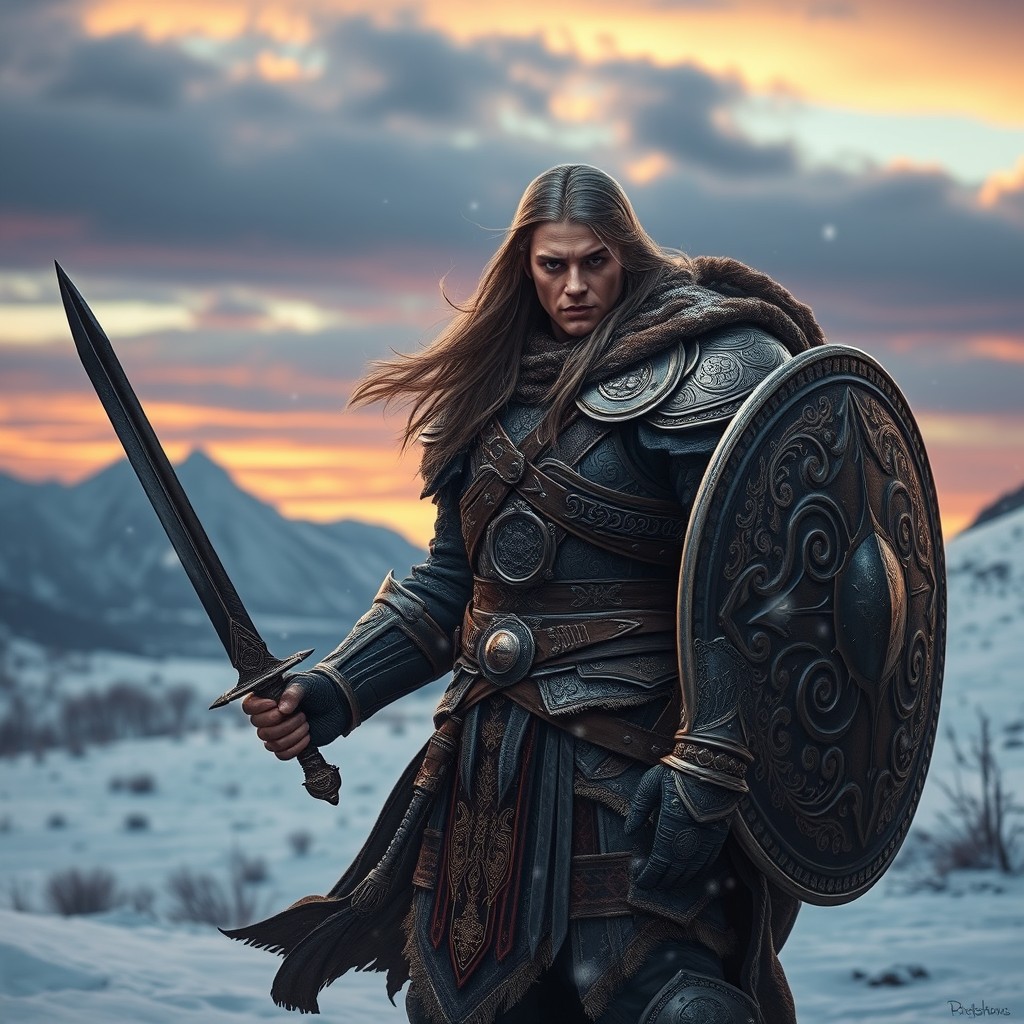 A fierce warrior standing confidently in a snowy landscape, dressed in intricate armor adorned with ornate patterns, gripping a gleaming sword in one hand