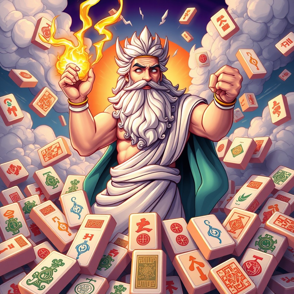 A dynamic and colorful illustration of a Mahjong game set, featuring the Greek god Zeus as the central character