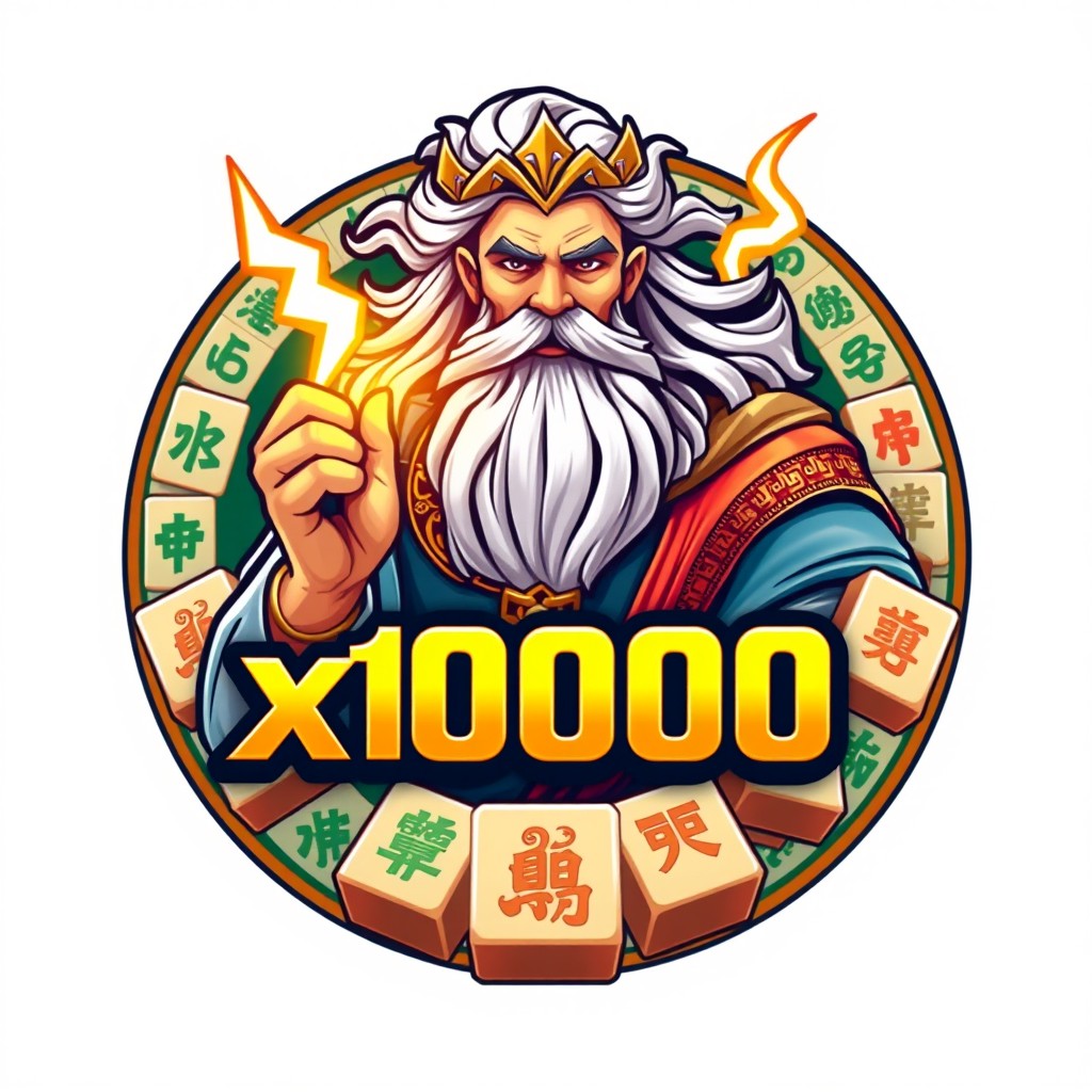 A logo design featuring Zeus, depicted as a powerful god with flowing white hair and a majestic beard, holding a lightning bolt, surrounded by traditional Mahjong tiles