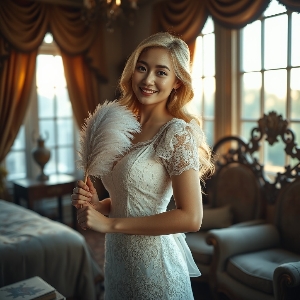 An elegant Asian maid with striking blonde hair, showcasing her beauty in an intricate lace dress that flatters her figure