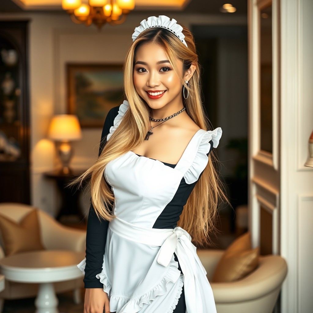 A hot Asian maid with long, flowing blonde hair, wearing a classic black and white maid outfit with a frilly apron