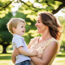 A gentle mother and her joyful son engaged in a playful moment in a sunny, lush park.