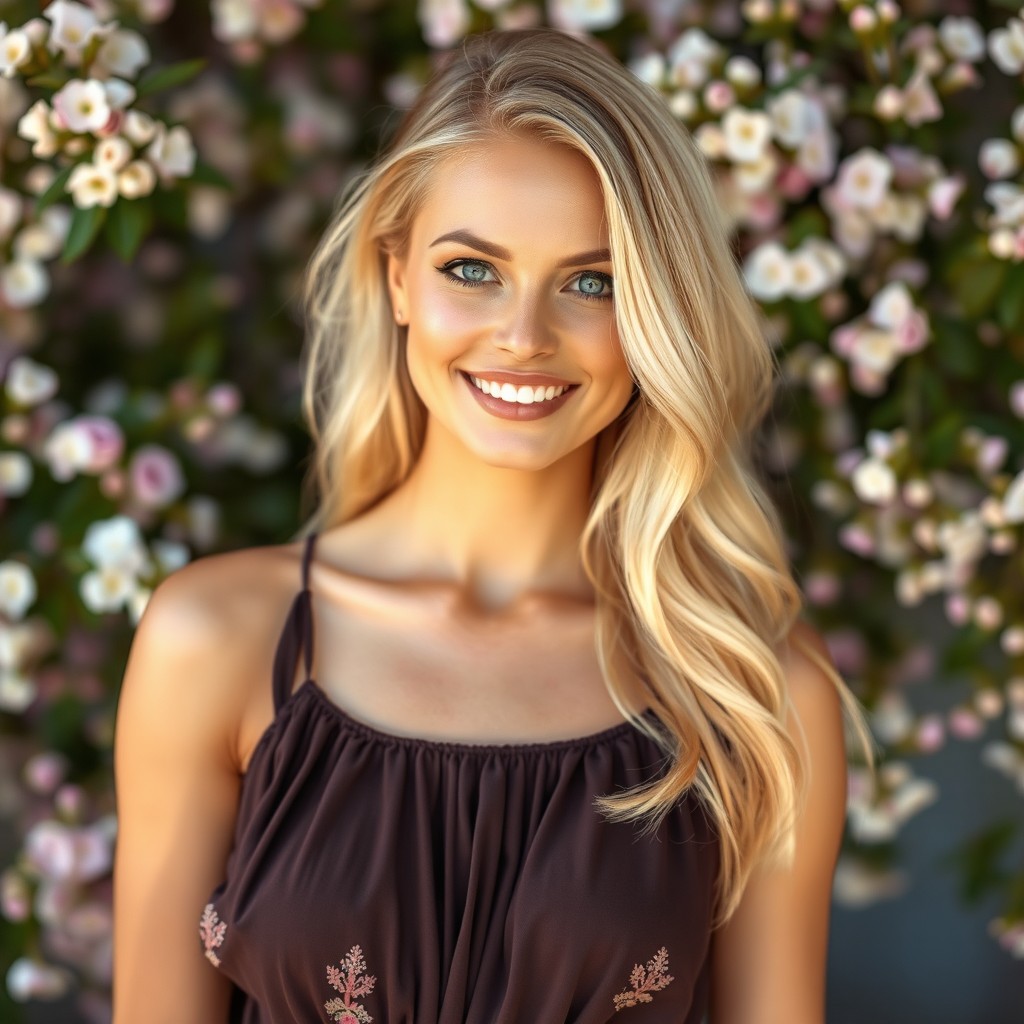 A beautiful blonde woman with light golden hair cascading down her shoulders, striking blue eyes that sparkle with vitality, and a radiant smile that evokes warmth