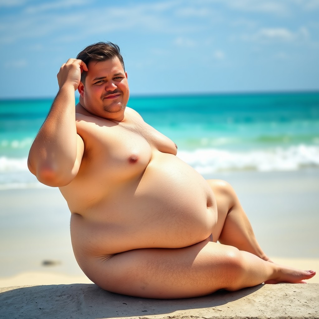 A full-body image of a chubby man with a smooth, hairless chest sitting on the edge of a beautiful beach