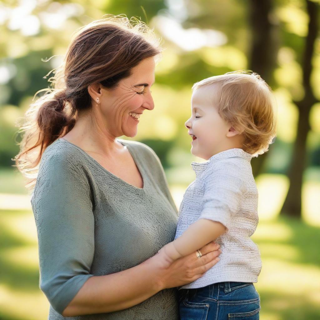 A gentle mother and her joyful son engaged in a playful moment in a sunny, lush park.