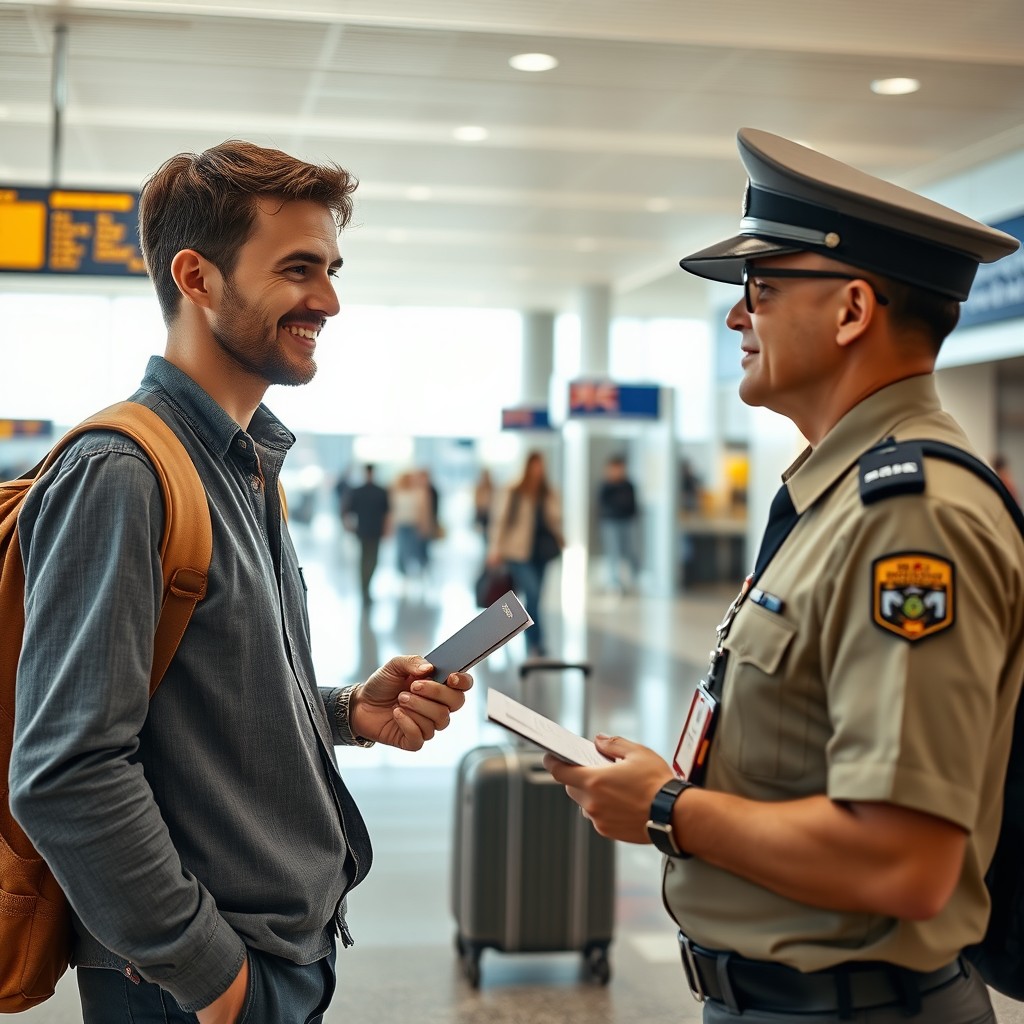 A scene of a man wearing casual travel attire talking to a customs officer at an airport