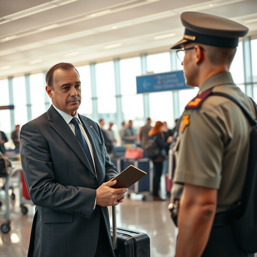A scene of a serious man dressed in a formal outfit, standing at an airport arrivals area and talking to a customs officer
