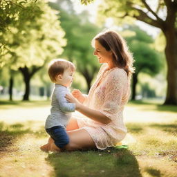 A gentle mother and her joyful son engaged in a playful moment in a sunny, lush park.