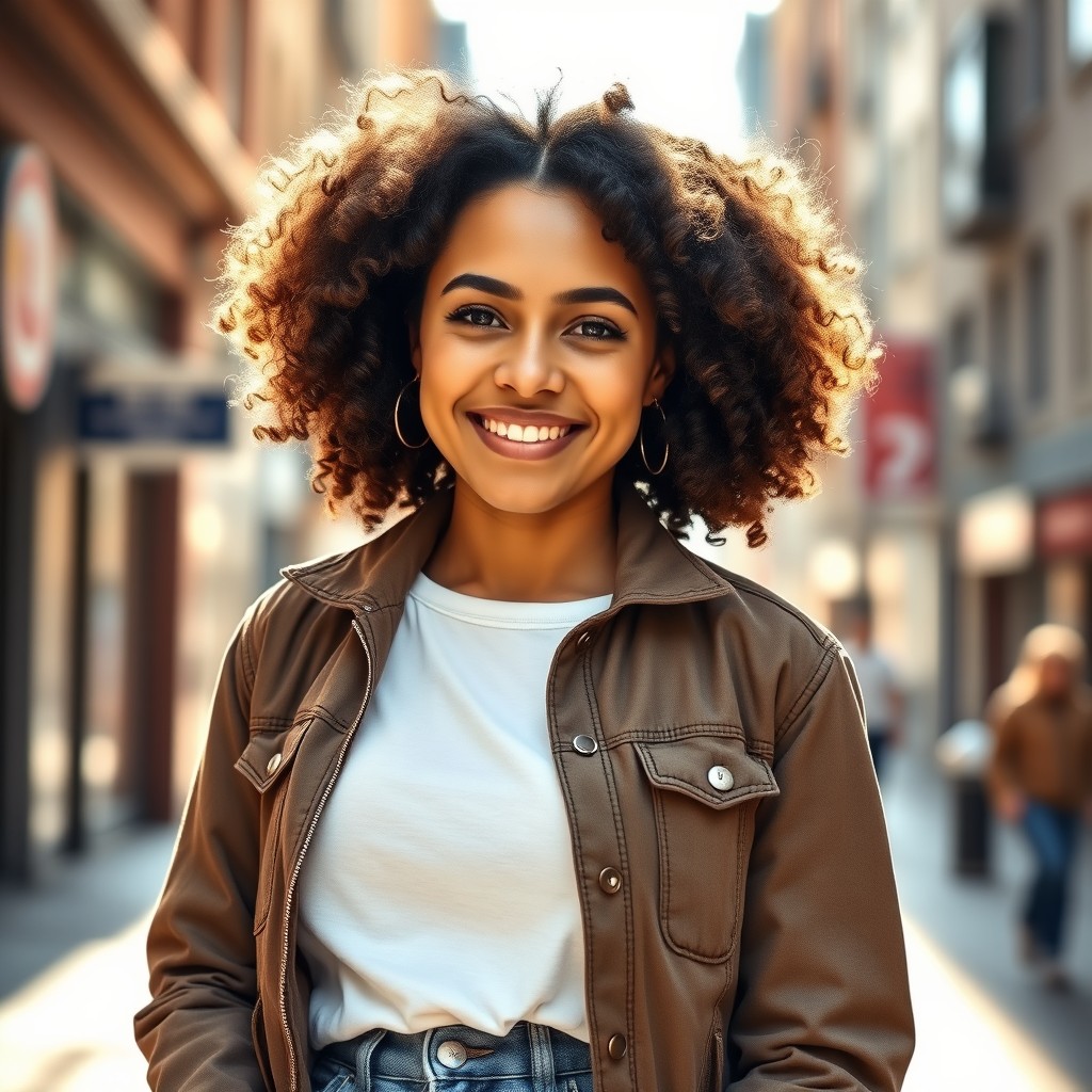 A portrait of a young woman aged 30 years, dressed in a stylish jacket and jeans